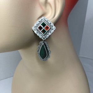 Earrings By Don-Lin 2.5" L Costume Jewlery Dangle Green and Red Designs